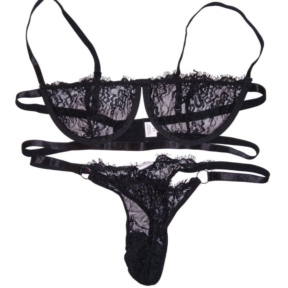 Avid Love 2-piece lingerie set Black Lace Bra Bralette & Thong Panty size XL New